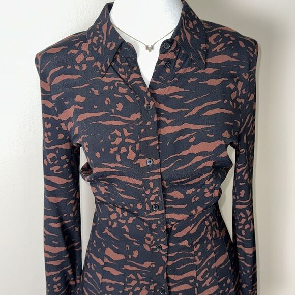 & Other Stories 0 Black Caramel Brown Long Sleeve Pleated Shirt Maxi Dress - Picture 7 of 14